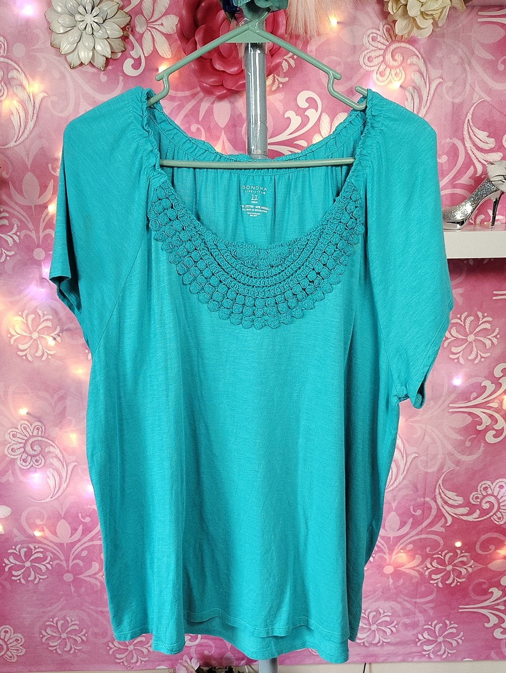 Sonoma Turquoise Crochet Scoop Neck Short Sleeve Top